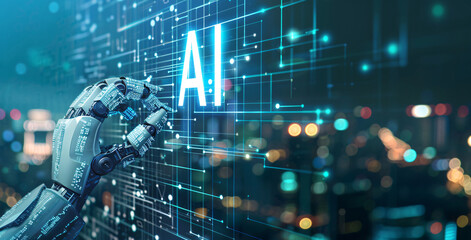 
Fingers touching virtual icons on a digital futuristic interface with artificial intelligence technology concepts. A human hand finger points at a blue hologram brain symbol and social media icons