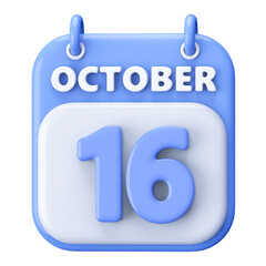 16th October Calendar Icon 3D Render