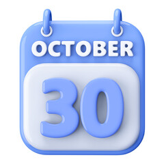 30th October Calendar Icon 3D Render