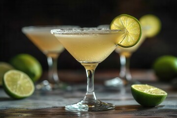 A classic daiquiri cocktail in a chilled martini glass, garnished with a lime wheel on the rim. 