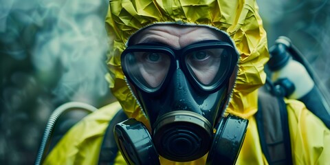 Person in hazmat suit and gas mask guarding against contamination. Concept Contamination Protection, Hazmat Suit, Gas Mask, Safety Precautions, Guarding against Contamination
