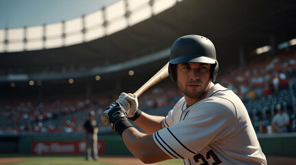 Baseball male player in action during the game on a professional baseball stadium. He wears unbranded sport clothes. The stadium is made in 3D., generative.ai
