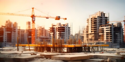 Obraz premium Construction site with tall residential building under construction and crane in background. Concept Construction, Residential Buildings, Crane, Urban Development, Skyscraper