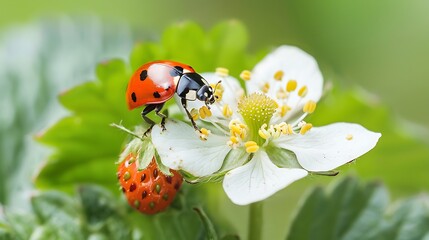 Ladybug on flower wild strawberry