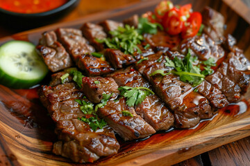 grilled fatty beef , cut into pieces and put in a row.