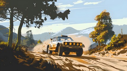 Obraz premium Rally racing car on dirt track, in the mountains, extreme sport activities theme, created with generative ai