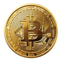 Gold Bitcoin Coin, No Background. Perfect for: cryptocurrency websites, financial technology illustrations, investment graphics, digital currency visuals, blockchain technology designs.