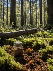 Fototapeta premium In sunlit forest, glass jar filled with brown substance rests on bed of vibrant green moss. Tall trees, fallen log form backdrop. Sunlight filters through canopy, highlighting textures.
