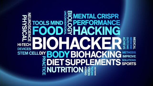 Biohacker animated word cloud;text design animation tag kinetic typography seamless loop.