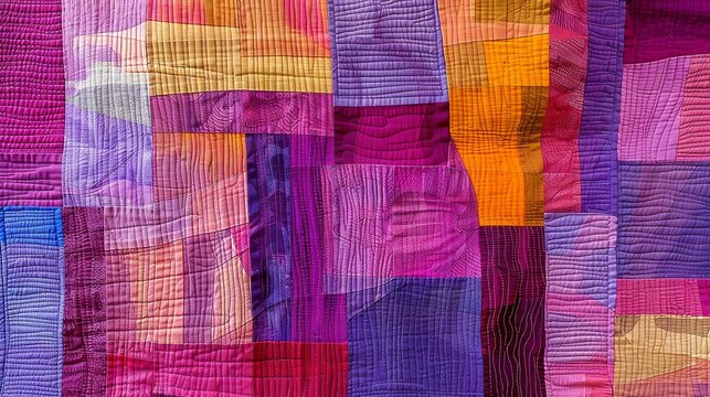 Modern Quilted Wall Hanging with Purple and Orange Geometric Patterns - Contemporary Textile Art
