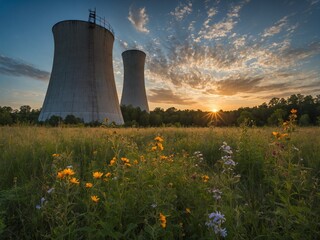 As sun dips below horizon, its warm rays illuminate two massive cooling towers standing tall against sky. Wildflowers in foreground add touch of color to industrial scene.