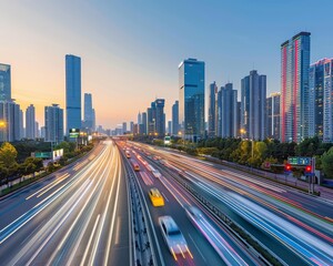 Obraz premium Evening city highway with modern skyscrapers and light traffic flow showcasing urban tranquility