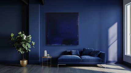 A luxurious living room with a minimalist aesthetic, featuring a single, bold piece of minimalist art in a deep blue hue
