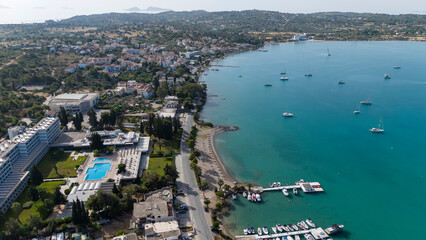 Aerial view of Porto Cheli, a luxury seaside retreat at the east edge of the Peloponnese peninsula,...