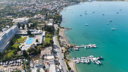 Naklejka premium Aerial view of Porto Cheli, a luxury seaside retreat at the east edge of the Peloponnese peninsula, Greece