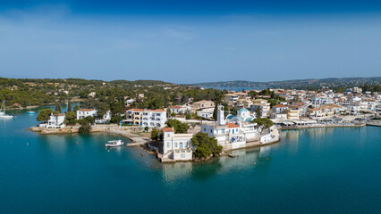 Aerial view of Porto Cheli, a luxury seaside retreat at the east edge of the Peloponnese peninsula, Greece