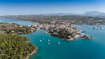 Fototapeta premium Aerial view of Porto Cheli, a luxury seaside retreat at the east edge of the Peloponnese peninsula, Greece