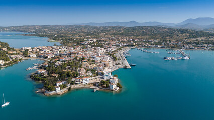 Aerial view of Porto Cheli, a luxury seaside retreat at the east edge of the Peloponnese peninsula, Greece