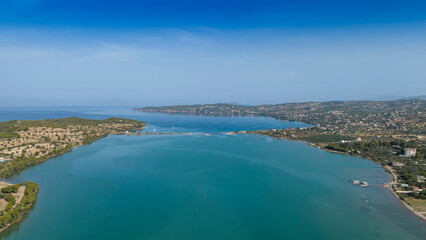 Aerial view of Porto Cheli, a luxury seaside retreat at the east edge of the Peloponnese peninsula, Greece