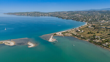 Fototapeta premium Aerial view of Porto Cheli, a luxury seaside retreat at the east edge of the Peloponnese peninsula, Greece