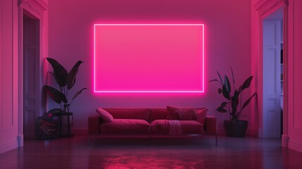 A luxurious living room with a minimalist aesthetic, featuring a single, bold piece of minimalist art in a neon pink hue