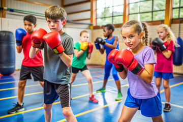 Group of children in a gym practicing boxing with gloves, focused and determined. Physical activity, teamwork, and self-discipline.