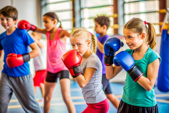 Group of children in a gym practicing boxing with gloves, focused and determined. Physical activity, teamwork, and self-discipline.