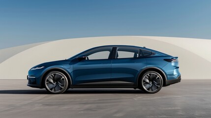 Obraz premium Modern blue electric sedan parked on the right side with plain background, ample copy space on the left for text in automotive advertisements, ultra-clear image.