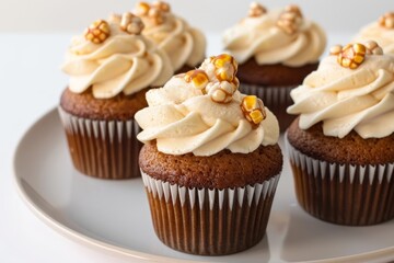 Luscious Caramel Corn Cupcakes with Vanilla Frosting and Dulce De Leche Swirl