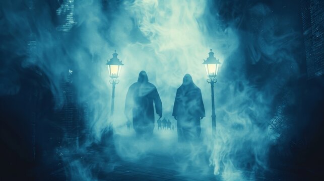 Ghost Tour Poster with Eerie Specters and Lanterns