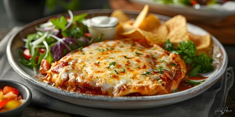 Chicken Parmigiana with melted cheese chips salad on white plate digital art. Concept Food Illustration, Chicken Parmigiana, Melted Cheese, Chips Salad, Digital Art