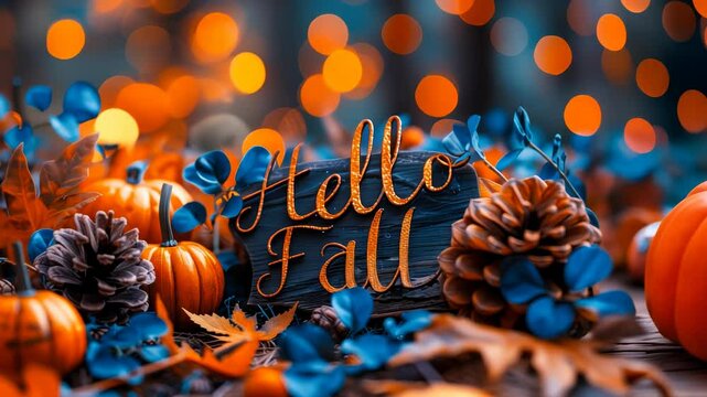 Vibrant Autumn Display with Colorful Leaves, Pine Cones, Seasonal Flora and Festive Hello Fall Message, Perfect for Holiday Decor and Seasonal Celebrations