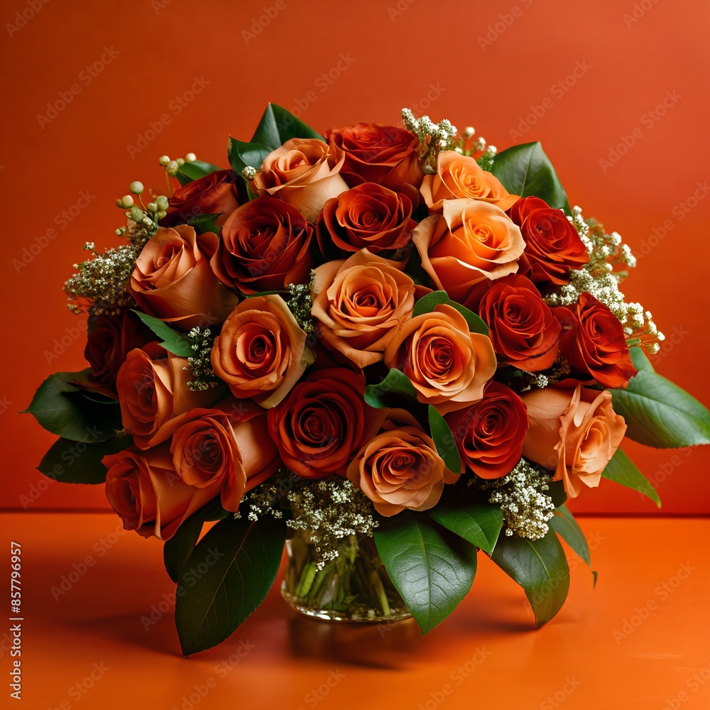 Wall mural beautiful rose flower bouquet for a wedding on a red background.