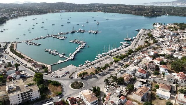 Aerial view of Porto Cheli, a luxury seaside retreat at the east edge of the Peloponnese peninsula, Greece