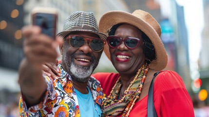 Senior couple taking a selfie in the city