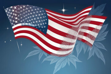 Fototapeta premium Patriotic American Flag, stars, stripes and flowers digital background in watercolor style.