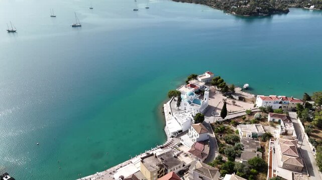 Aerial view of Porto Cheli, a luxury seaside retreat at the east edge of the Peloponnese peninsula, Greece