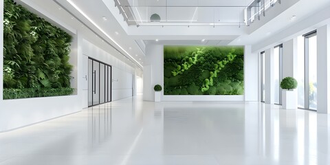 Modern lobby with interactive displays LED lighting live green wall and nature. Concept Modern Interior Design, Interactive Technology, LED Lighting, Green Wall, Nature Elements