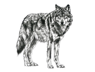 Fototapeta premium Hand-drawn detailed black and white illustration of a wolf standing, showcasing its majestic stance and intricate fur texture.