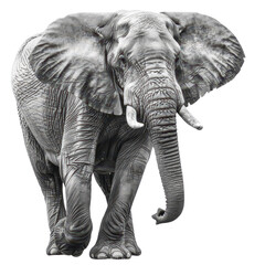 Grey elephant walking forward on white background, highlighting its large tusks, big ears, and textured skin.