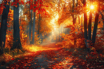 Scenic Autumn Forest with Sunlight Streaming Through Trees