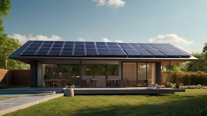 A realistic image of a modern house with a photovoltaic power roof under the bright sun