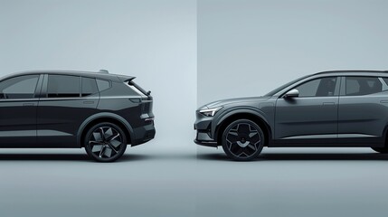 Fototapeta premium Modern grey electric SUV on the right, plain background with left side open for text, ideal for automotive promotional images.