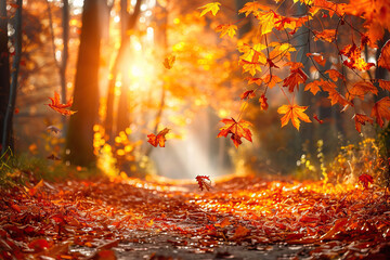 Autumn Sunlight Filtering Through Trees and Leaves in a Forest