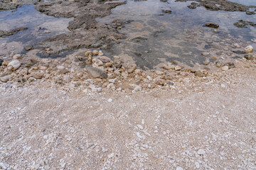 Beachrock with Coral fossils / reef deposits / Limestone at Ko Olina Beach Park, Leeward Coast of Oahu, Honolulu, Hawaii geology. Beachrock is a friable to well-cemented sedimentary rock. 