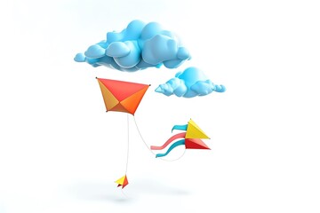 3D icon of a kite flying in the sky with clouds, isolated on a white background