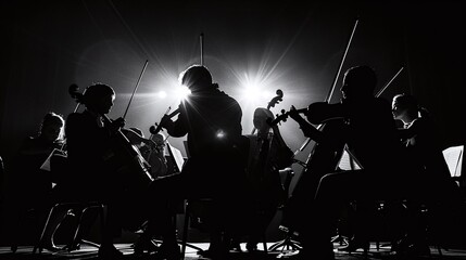 Fototapeta premium composition of symphony orchestra instruments, only silhouettes are visible, black background