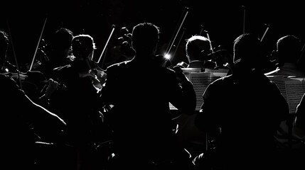composition of symphony orchestra instruments, only silhouettes are visible, black background
