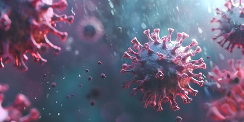 3D isometric view of influenza virus in nasal mucosa. Concept Virus Illustration, Microbiology, Nasal Mucosa, Scientific Imaging, 3D Isometric View