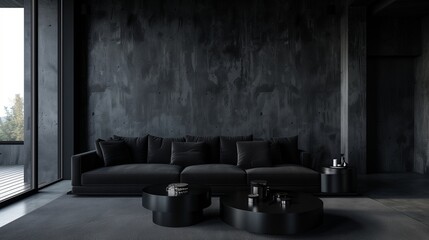 A minimalist living room with a black sofa, dark concrete walls, and a set of sleek, black nesting tables